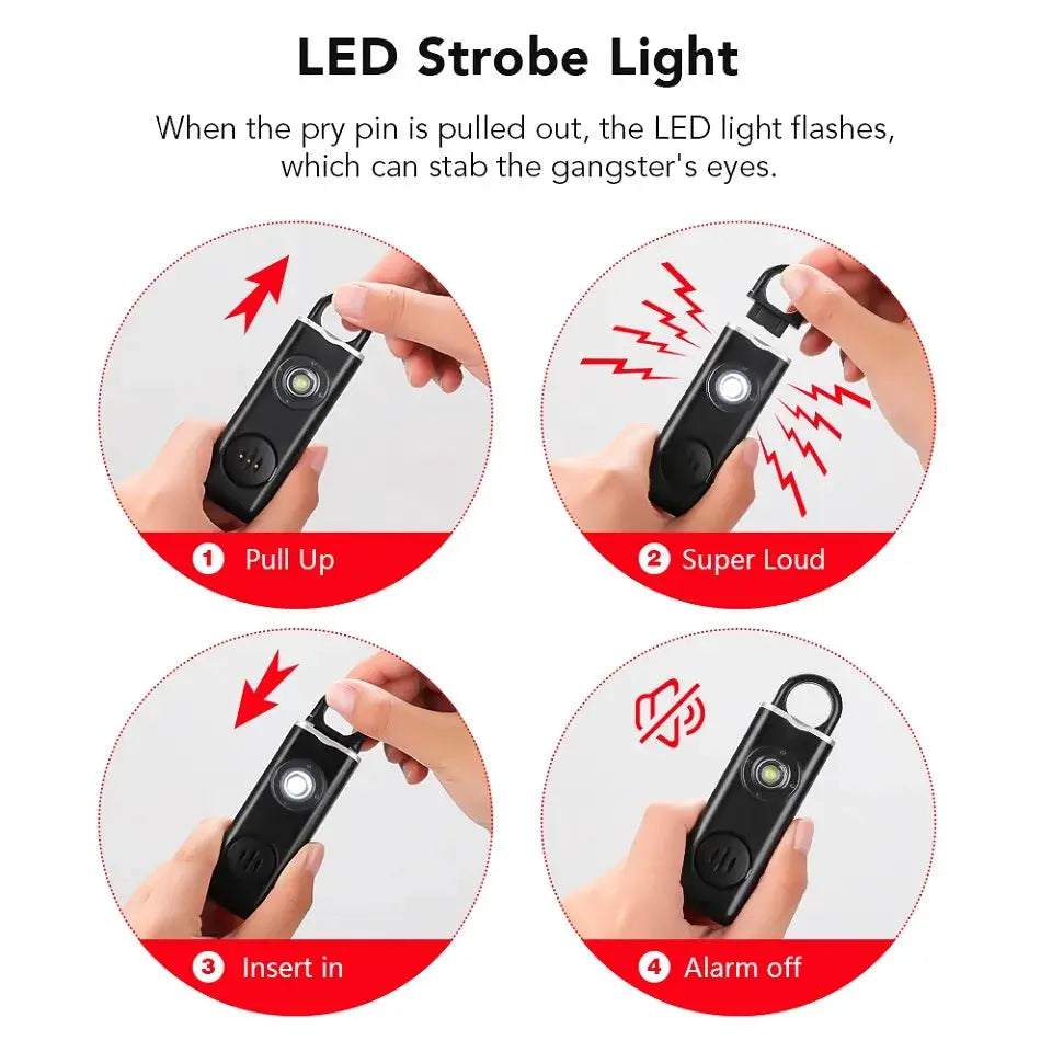 Hollarm personal alarm keychain, black handheld with LED light and 130dB siren, 4-step usage visuals