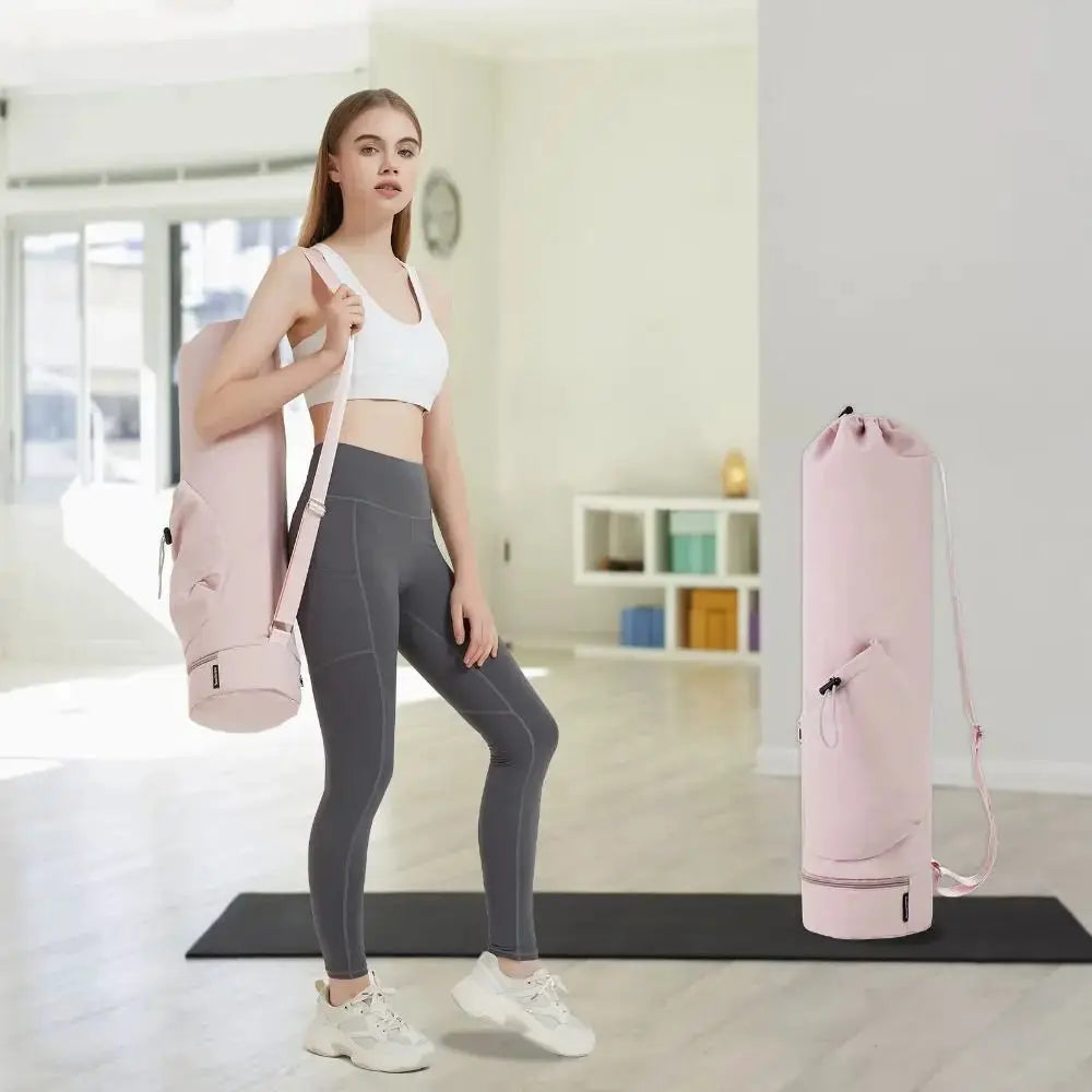 Yoga backpack in pink with adjustable straps and large capacity; includes matching pink yoga mat bag.