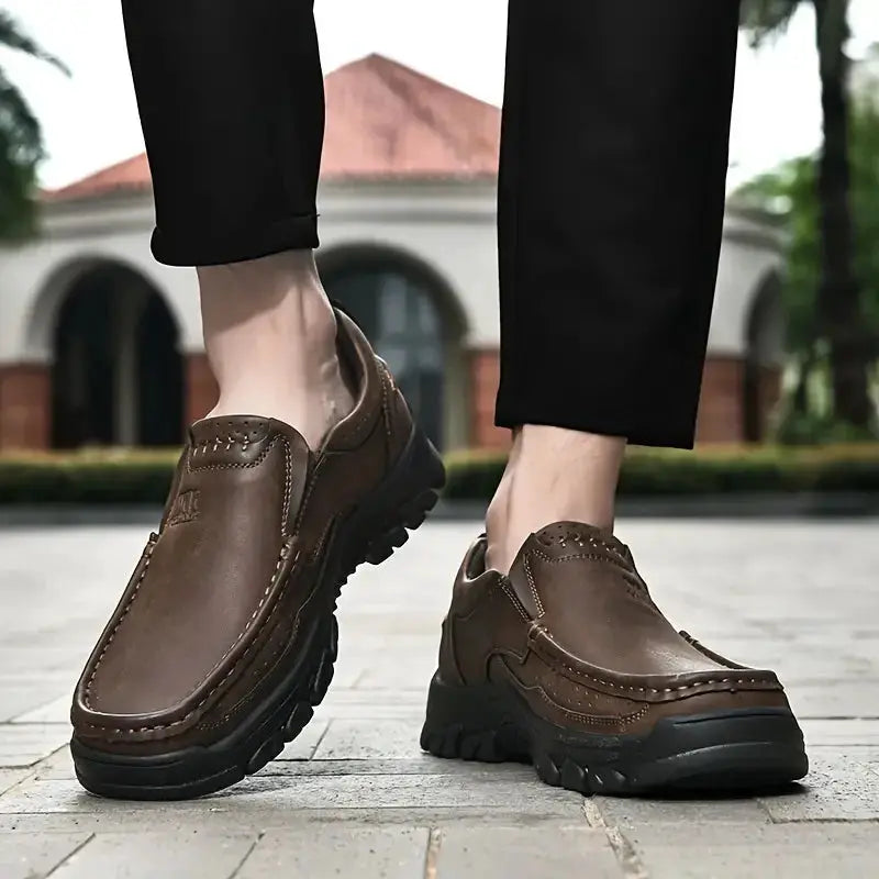 Brown leather men's casual slip-on loafers with rugged non-slip outsole, Simples Market