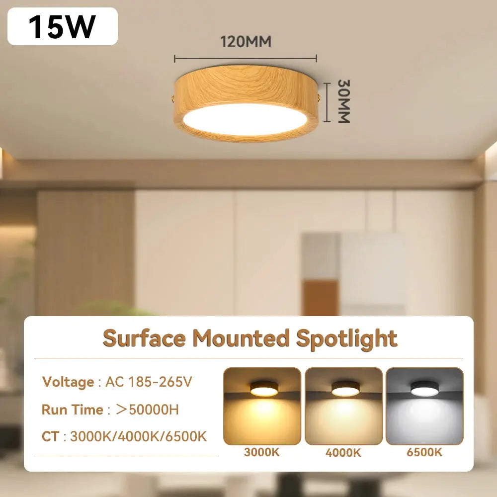 Simples Market GX53 wooden ceiling lamp, 15W surface-mounted indoor spotlight with 3000K/4000K/6500K options