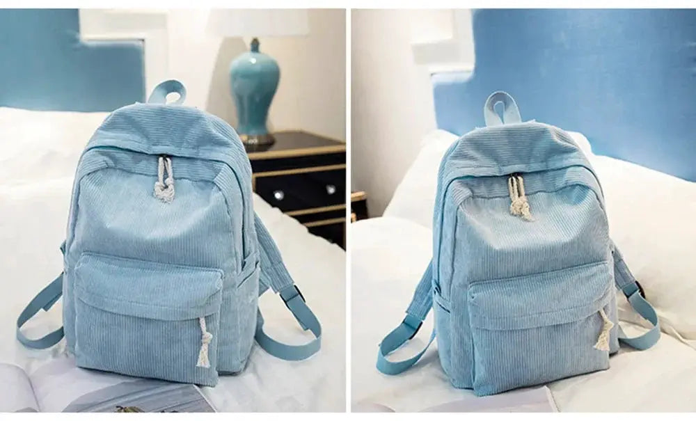 Personalized corduroy student backpack in light blue with front pocket, unisex campus bag