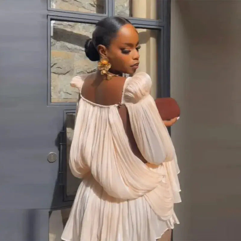 Satin Off Shoulder Pleated Mini Dress For Women Puff Sleeve Cinched