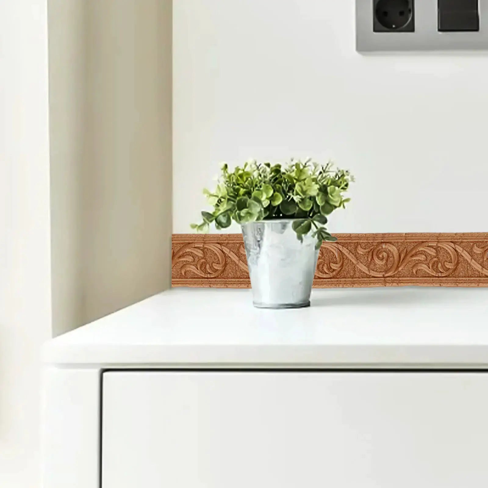 3D wall trim border in brown with pattern, self-adhesive waterproof baseboard wallpaper for living room