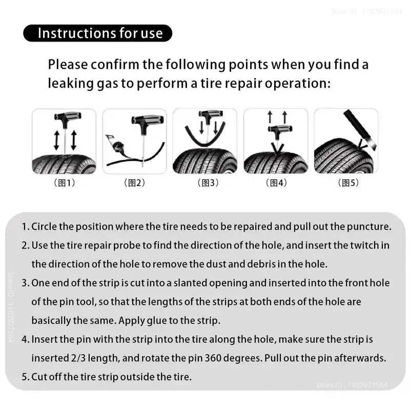 Car tire repair tool kit instruction sheet by Simples Market with five diagrams for puncture repair and rubber strip.