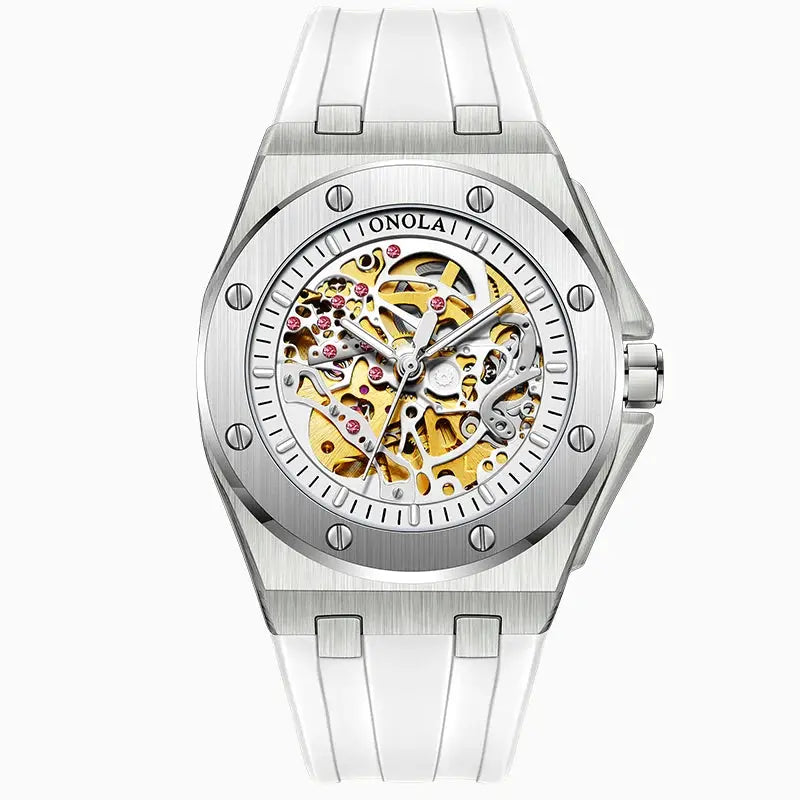 ONOLA men's skeleton automatic watch with silver-tone stainless steel case and white strap.
