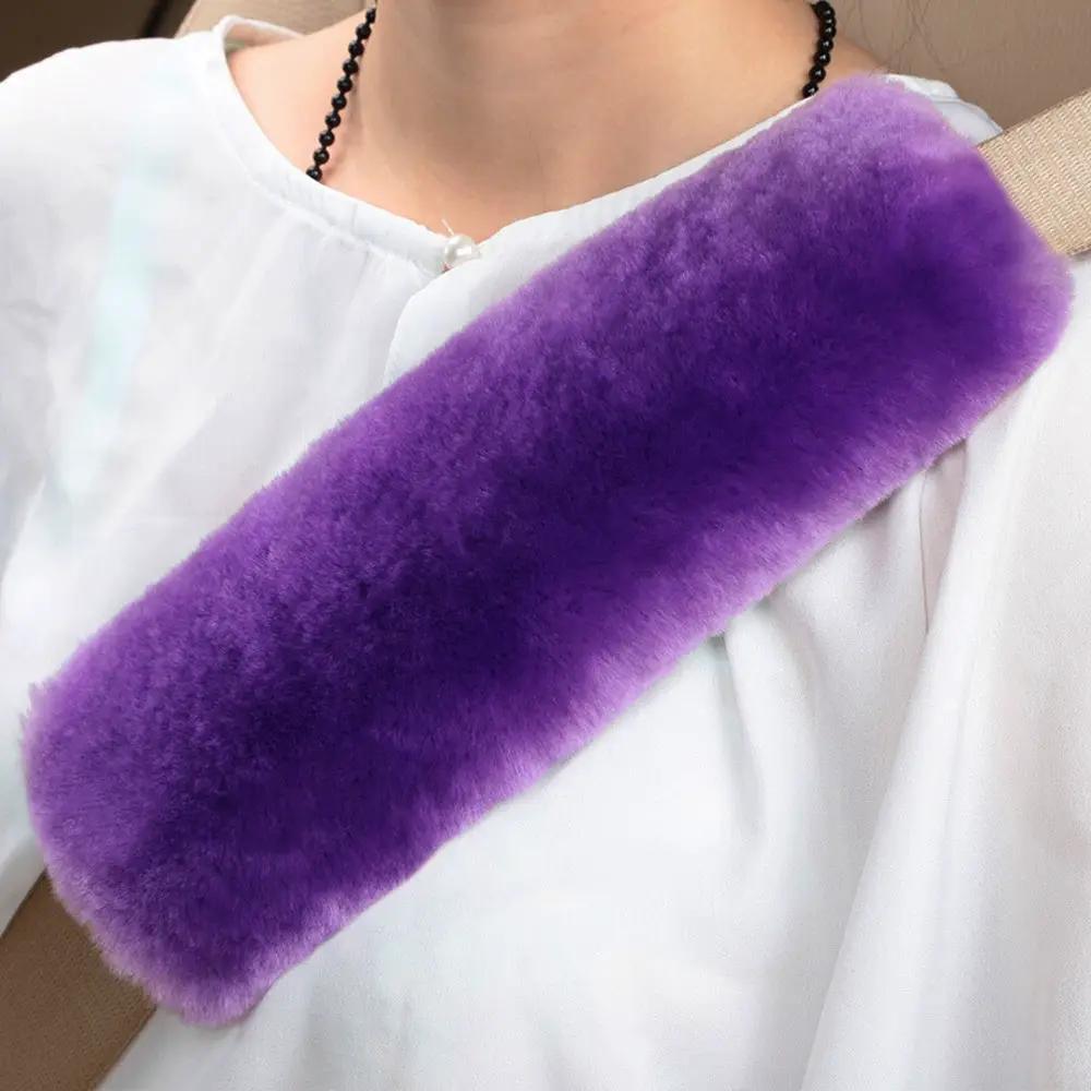 Car seat belt cover shoulder warmer pad, purple faux-fur, Simples Market car interior accessory