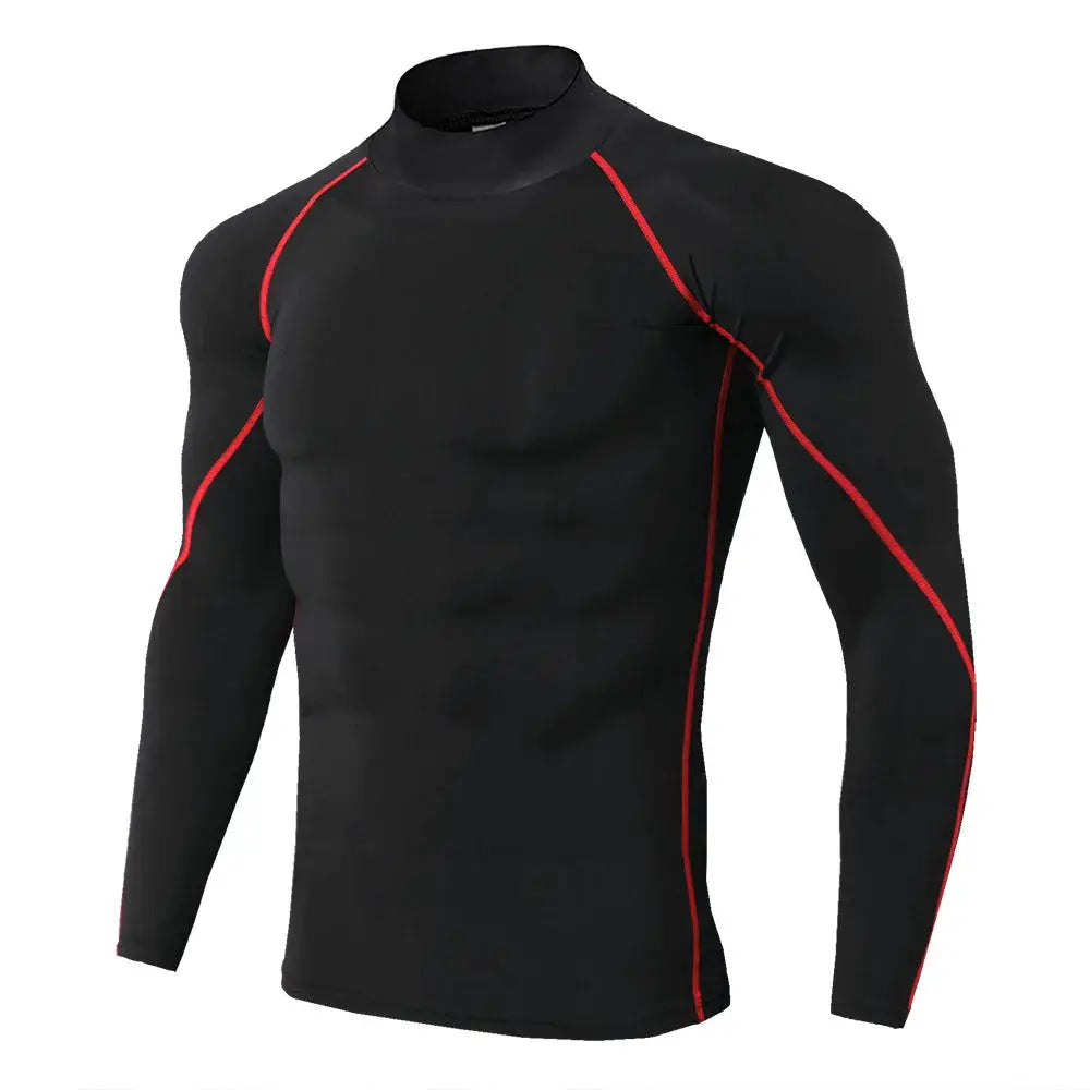 Men's black long-sleeve compression sport shirt with red piping, quick-dry athletic top.
