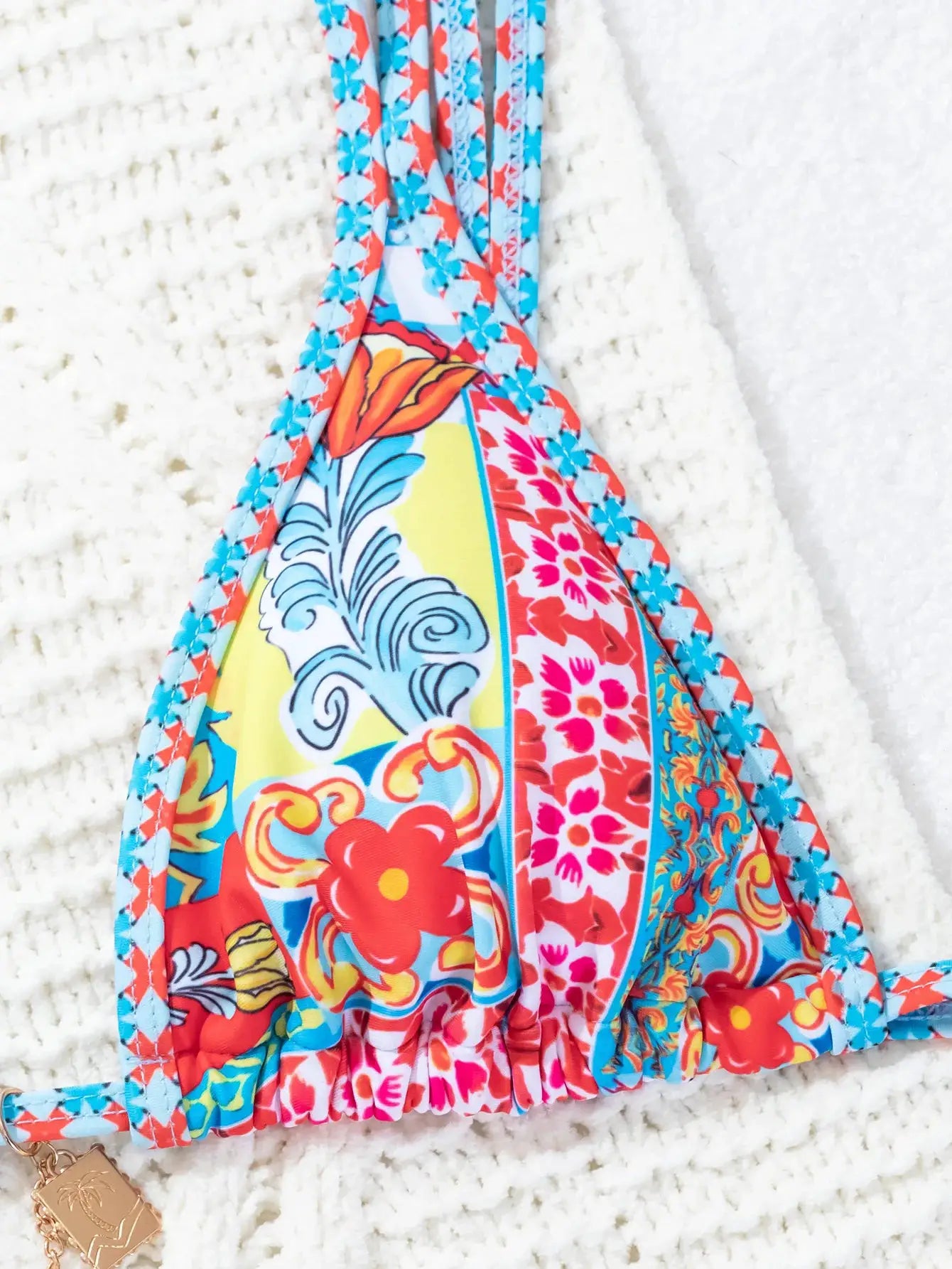 Simples Market 2026 Triangle Bikini Set, floral print with turquoise braided straps, Brazilian bottoms