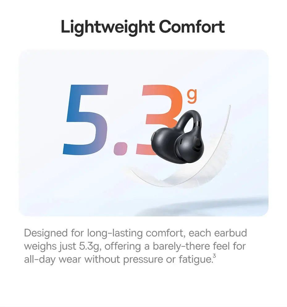 Baseus BC1 ear clip wireless earbuds with open-ear design, Bluetooth 6.0, black, 5.3 g each.