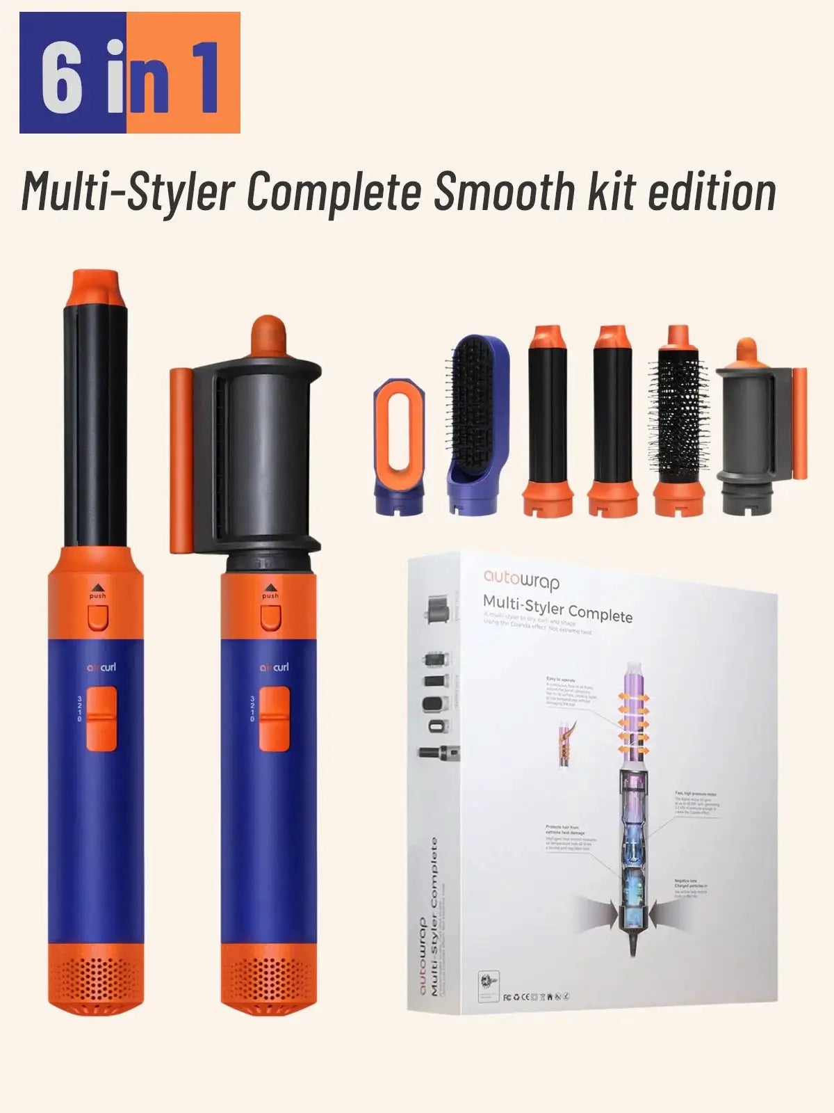 Simples Market 6-in-1 hair dryer multi-styler kit with blue and orange handles and assorted attachments