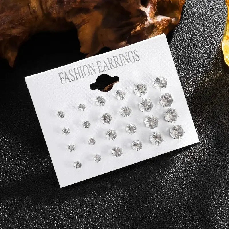 White crystal stud earrings set, 12 pairs, Simples Market