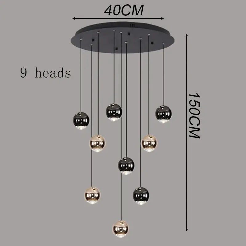 Modern 9-head LED pendant light by Simples Market with black and copper spheres