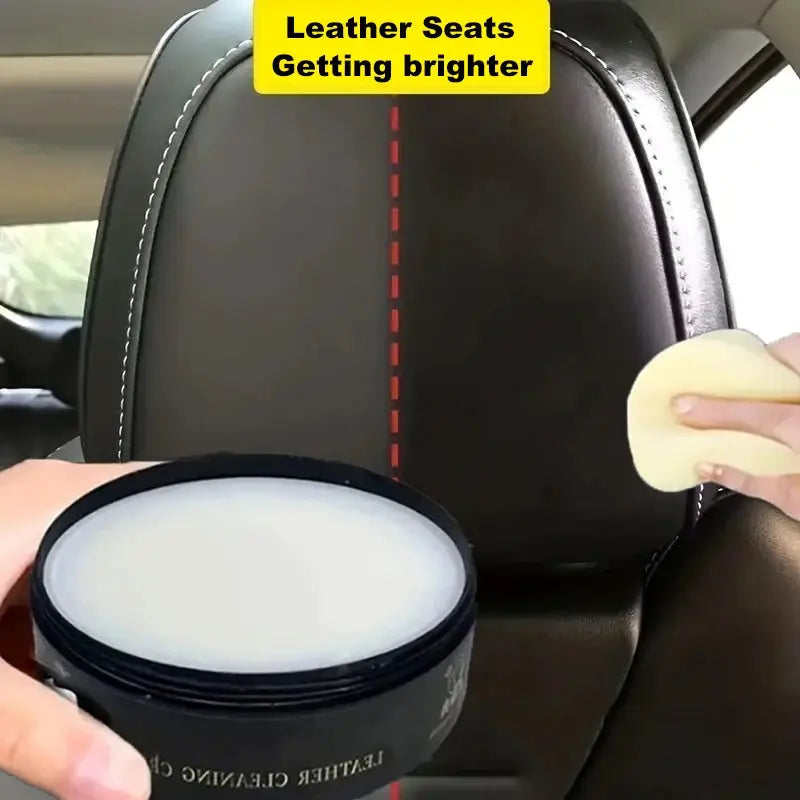 Simples Market leather care cream jar; applying white polish to car interior leather seat with sponge