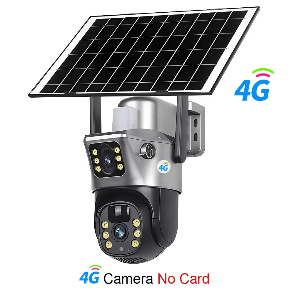 4G solar outdoor camera by Simples Market with dual lenses and PIR night vision; 8MP/4K IP camera.