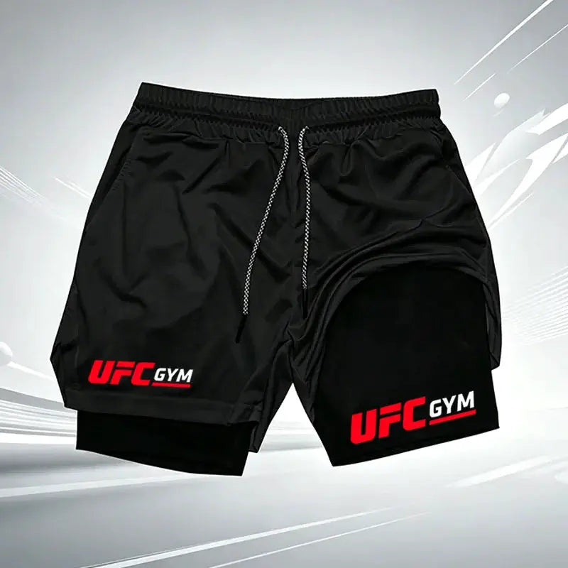 Men's UFC GYM 2-in-1 compression shorts, black with red UFC GYM logo, built-in liner and quick-dry breathable fabric