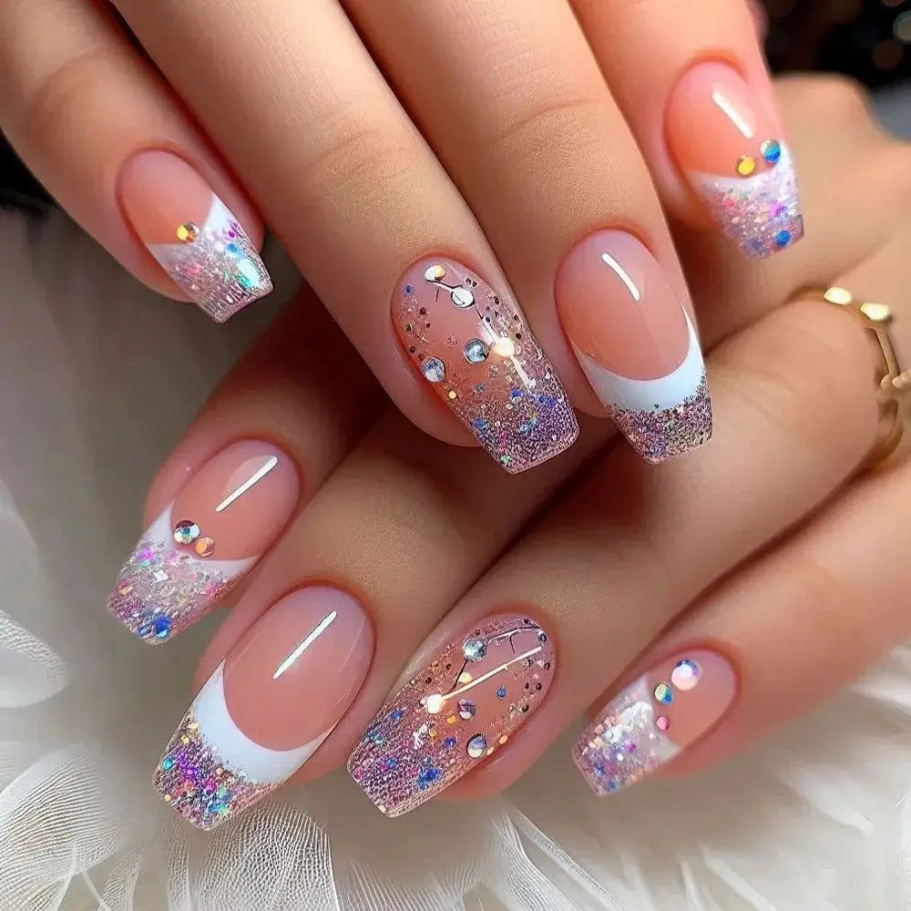 GlamNail Pro 24Pcs Short Square Coffin Press On Nails Set With Glue French Glitter Ballet Style