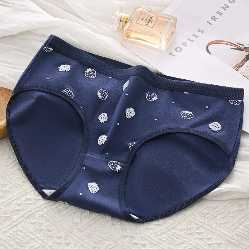 Simples Market 5-pack cotton women's underwear; navy briefs with white fruit print, breathable