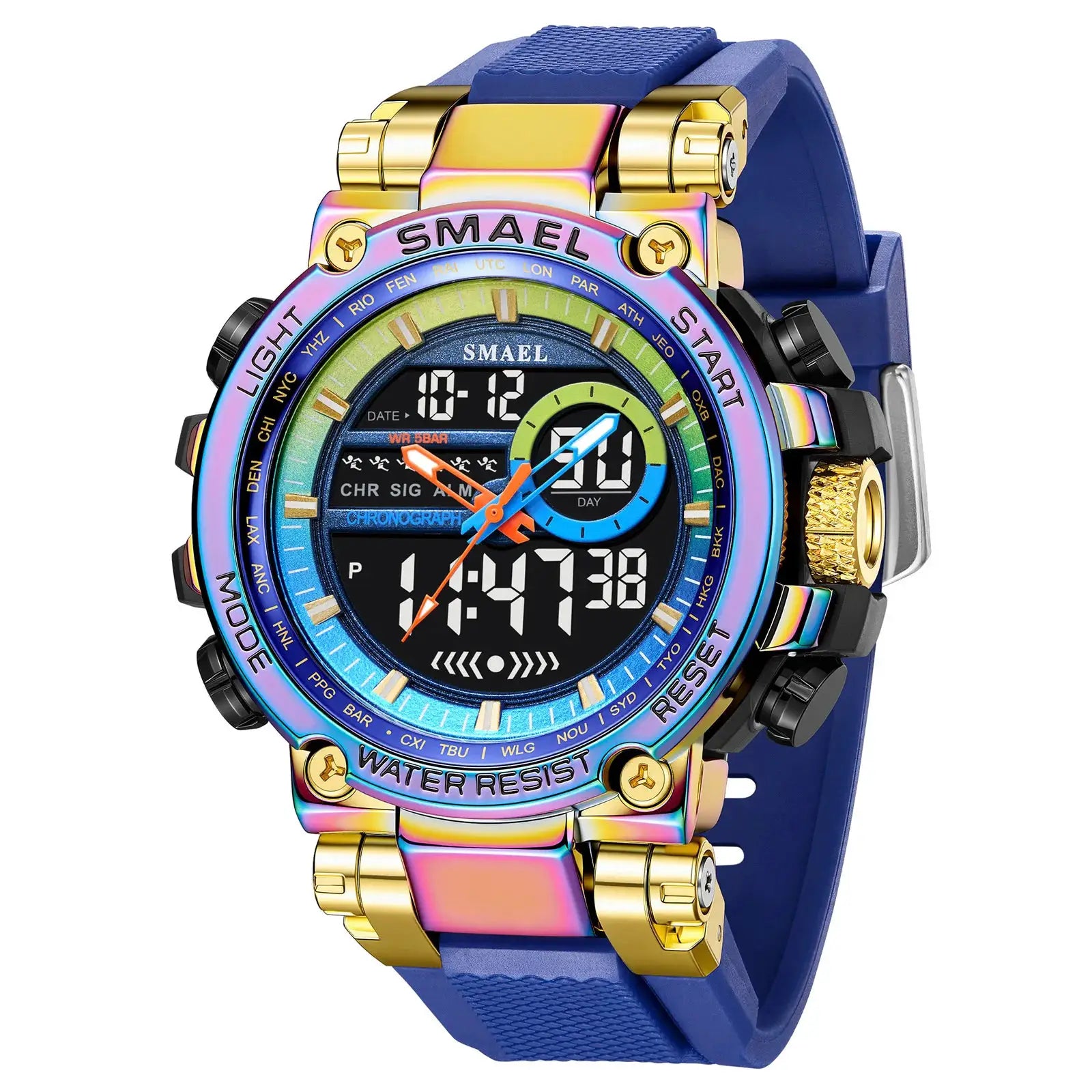 SMAEL 8141 men's digital sport watch with rainbow alloy bezel and blue TPU strap.