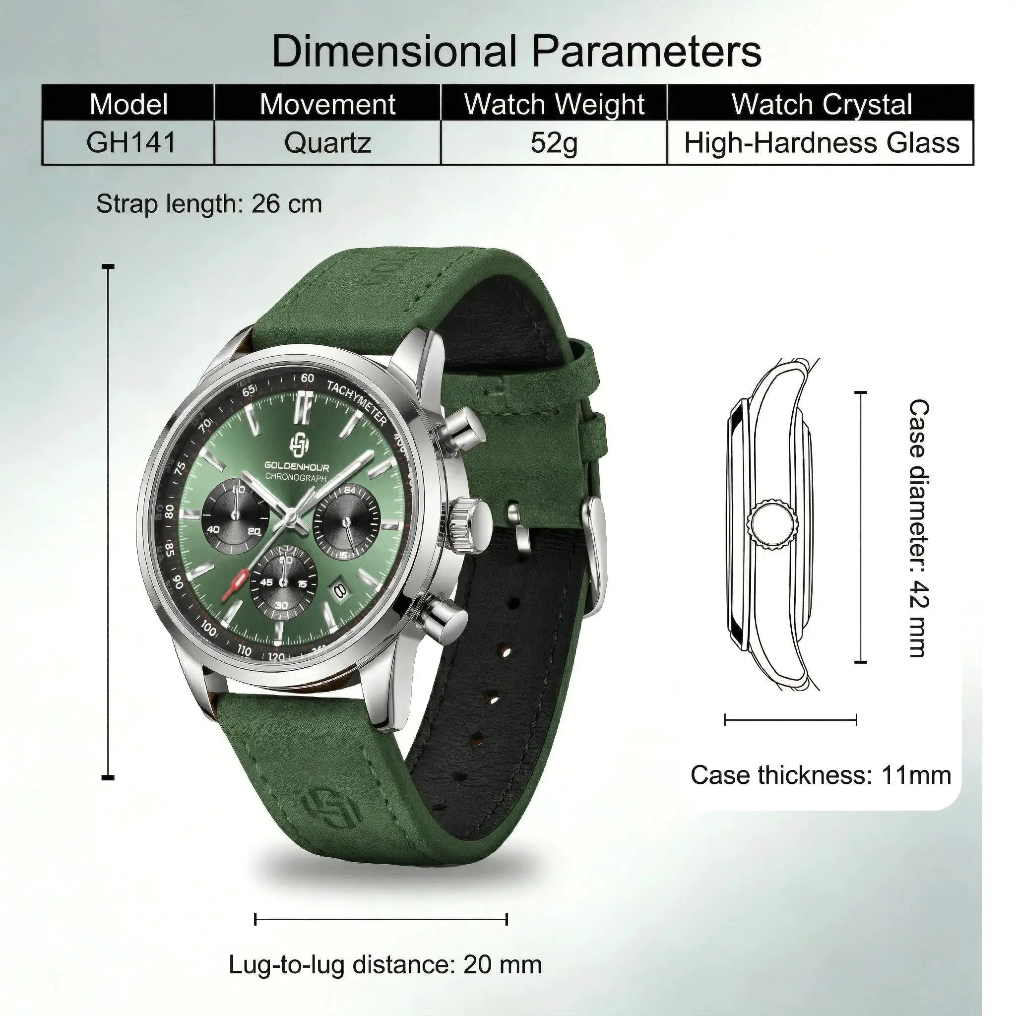 Men's GoldenHour green chronograph wristwatch with green leather strap and stainless steel case
