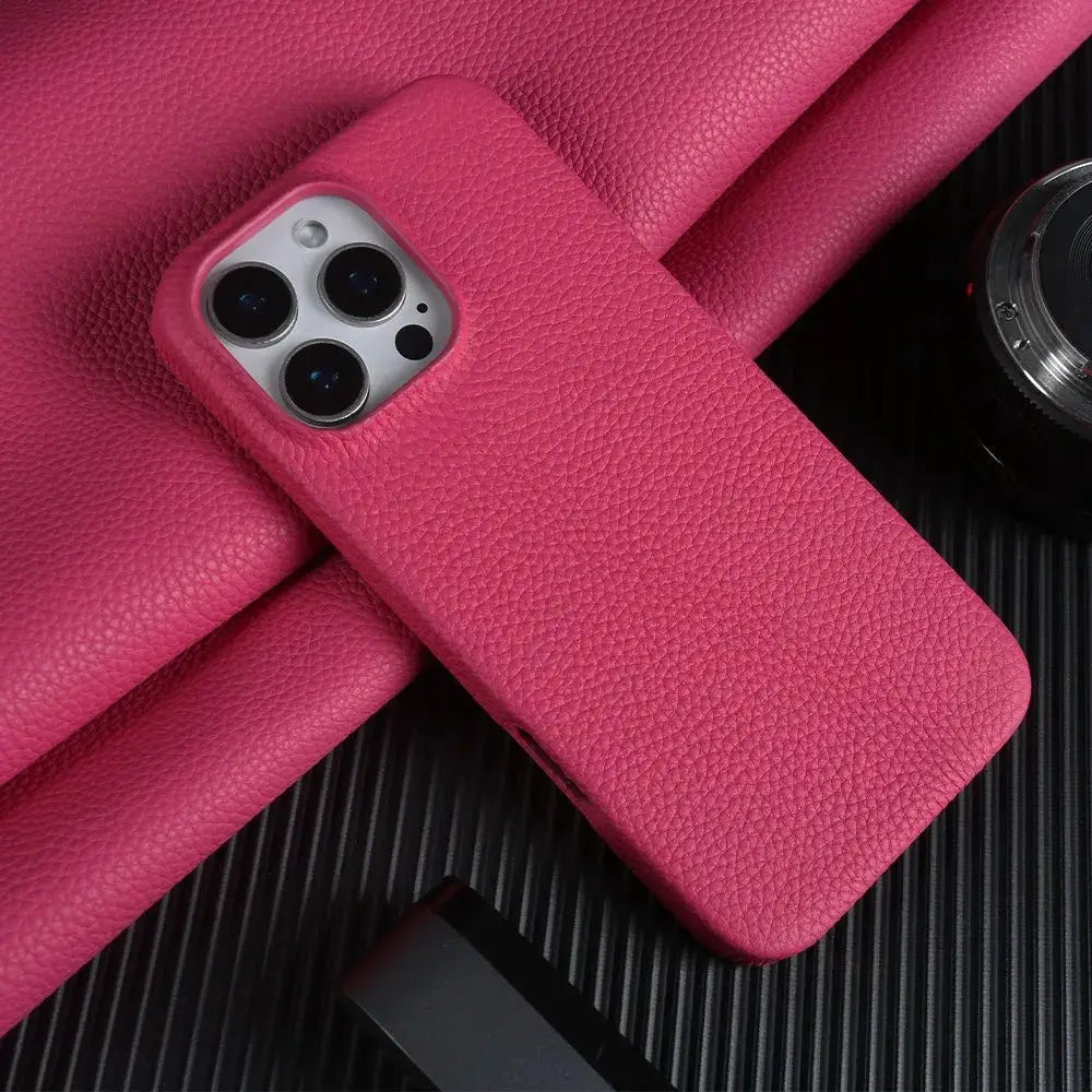 Simples Market pink genuine leather MagSafe case for iPhone 11-16 Pro Max, full-wrap back cover