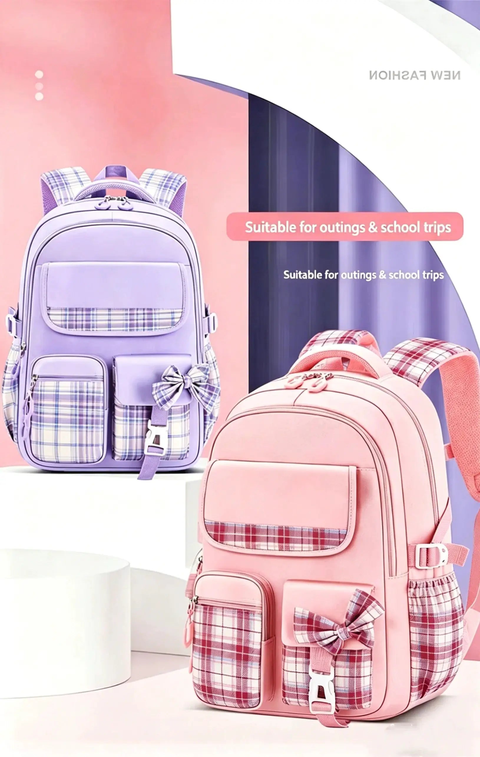 Simples Market Protecting The Spine Ergonomics girls' checkered backpacks, lavender and pink, large capacity, 2-pack