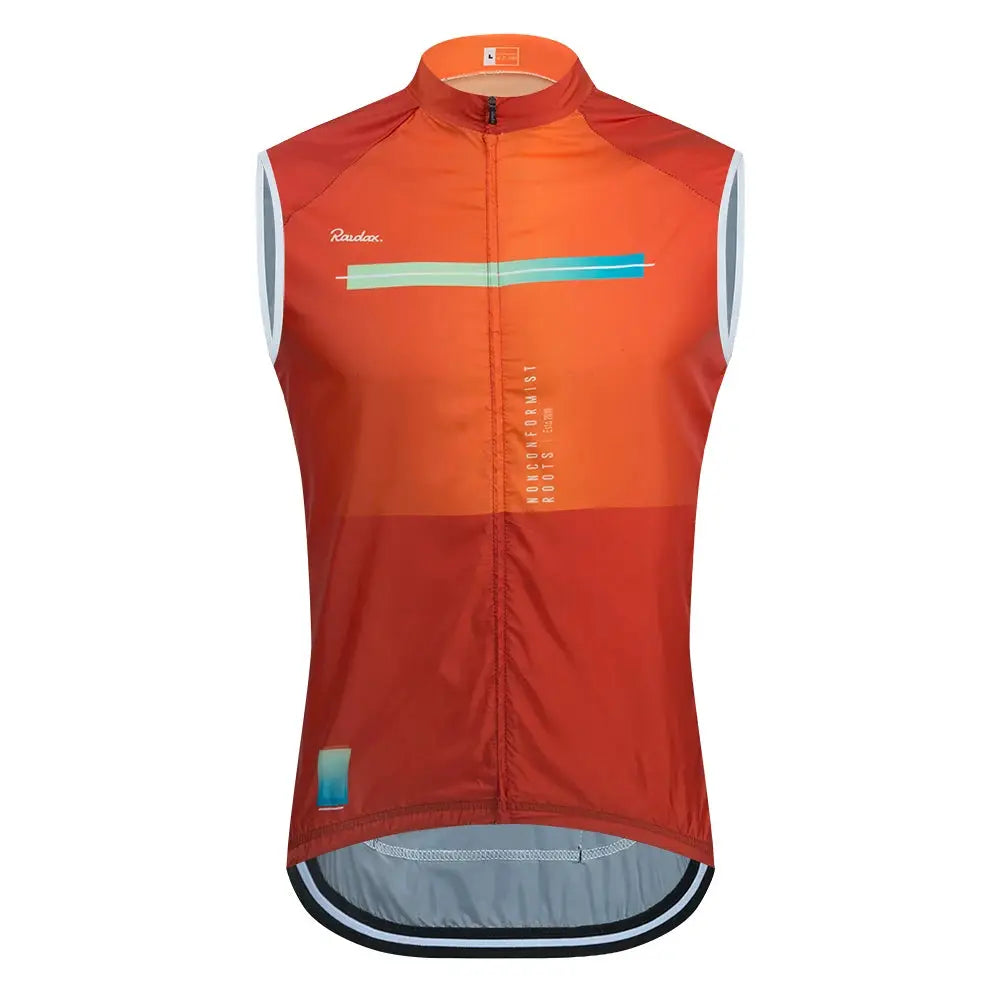 Men's Raudax sleeveless cycling vest in orange with blue stripe and front zipper