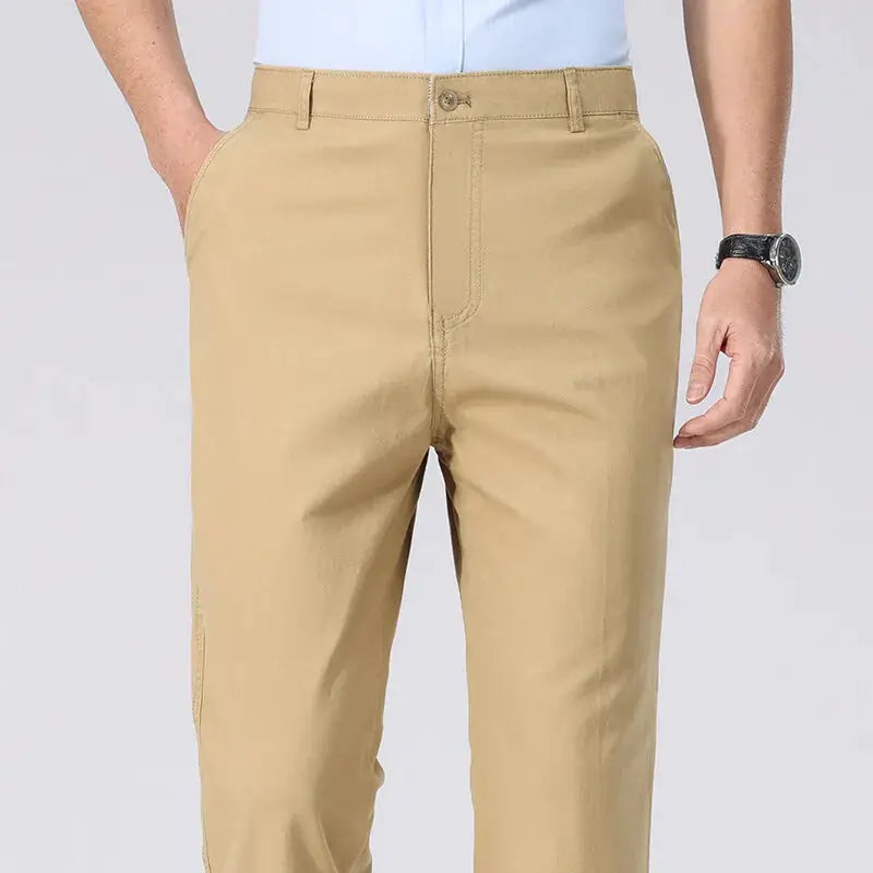 Men's chino pants by Simples Market in tan, lightweight business casual trousers with pockets