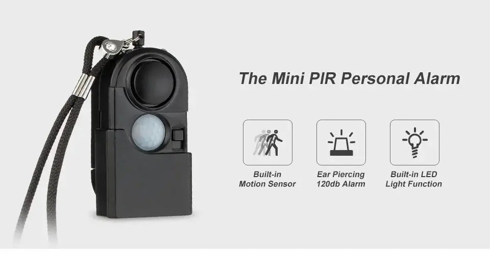 KERUI portable mini personal alarm with strap, black body, built-in motion sensor, 120dB siren and LED light