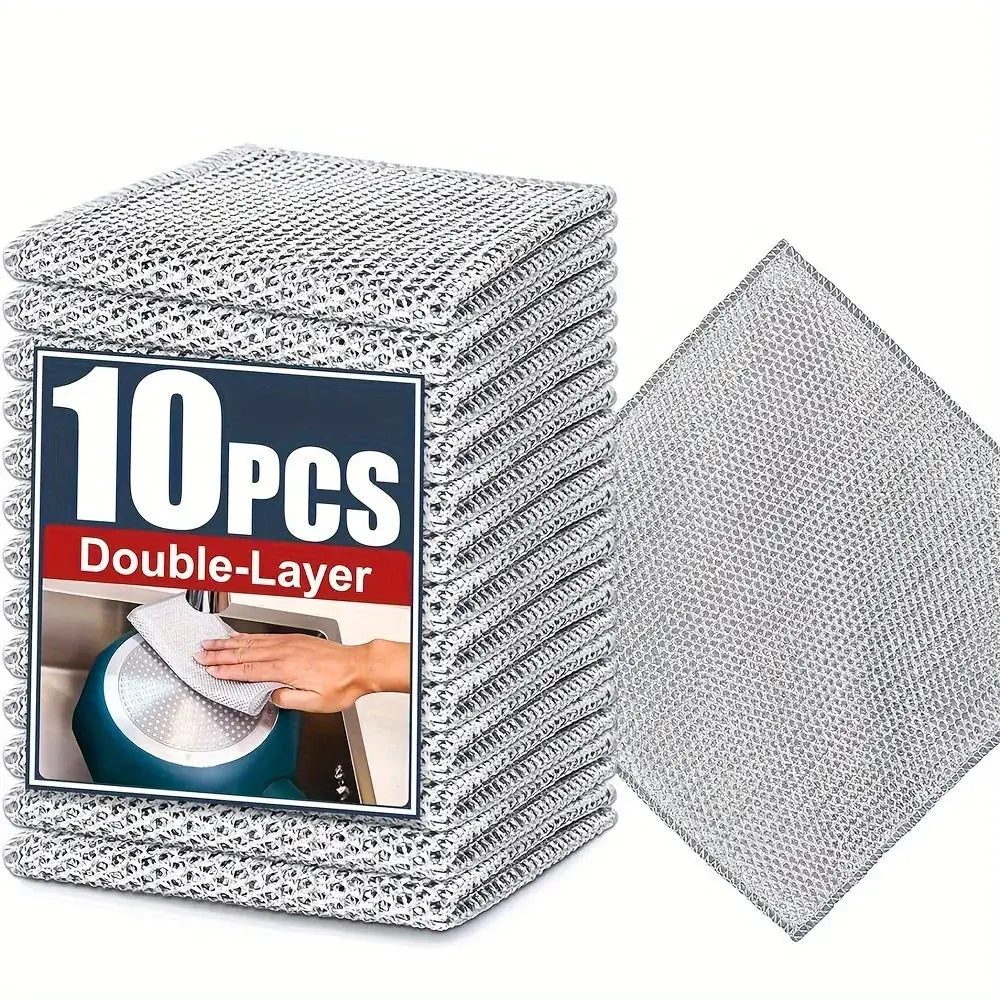 Simples Market 10pcs double-layer thickened steel wire cleaning cloths; non-scratch iron microfiber mesh dish rags