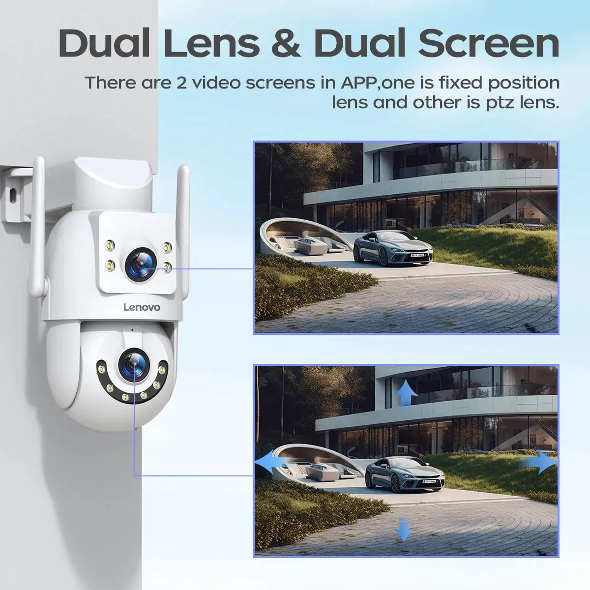 Lenovo outdoor 4K dual-lens PTZ security camera in white for home surveillance