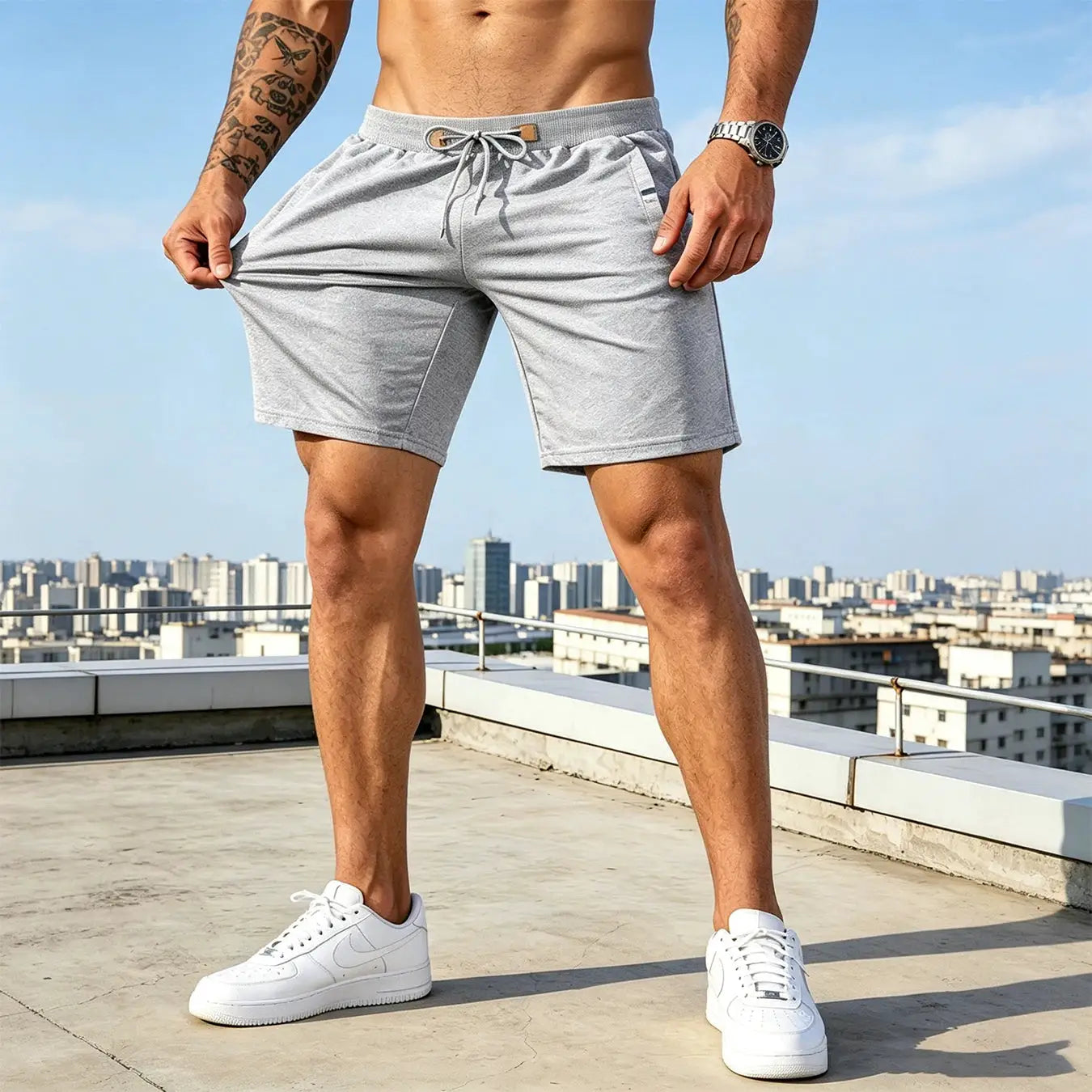 Men's light gray cotton jogger shorts with drawstring and side pockets, casual streetwear