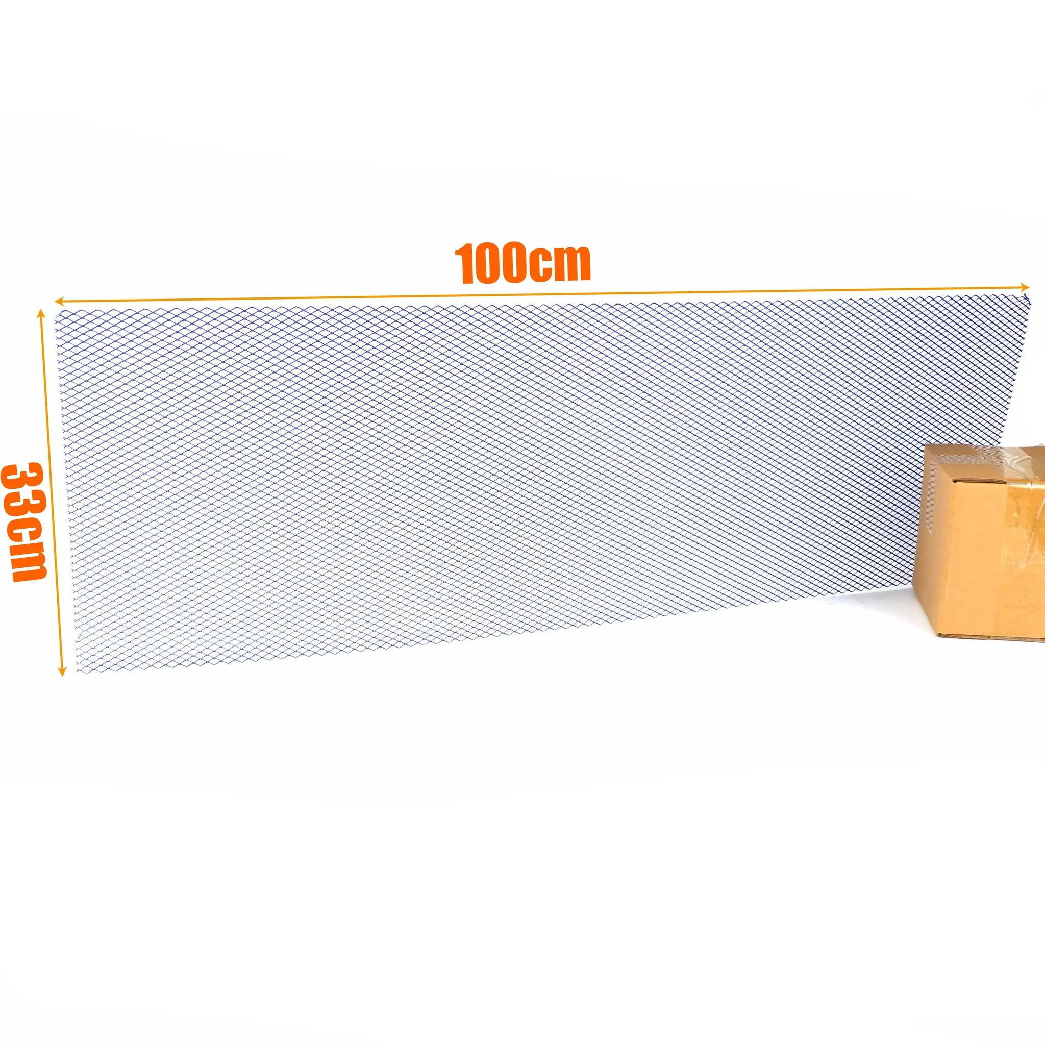 Blue diamond-pattern mesh grille sheet, 100x33 cm, orange measurement lines