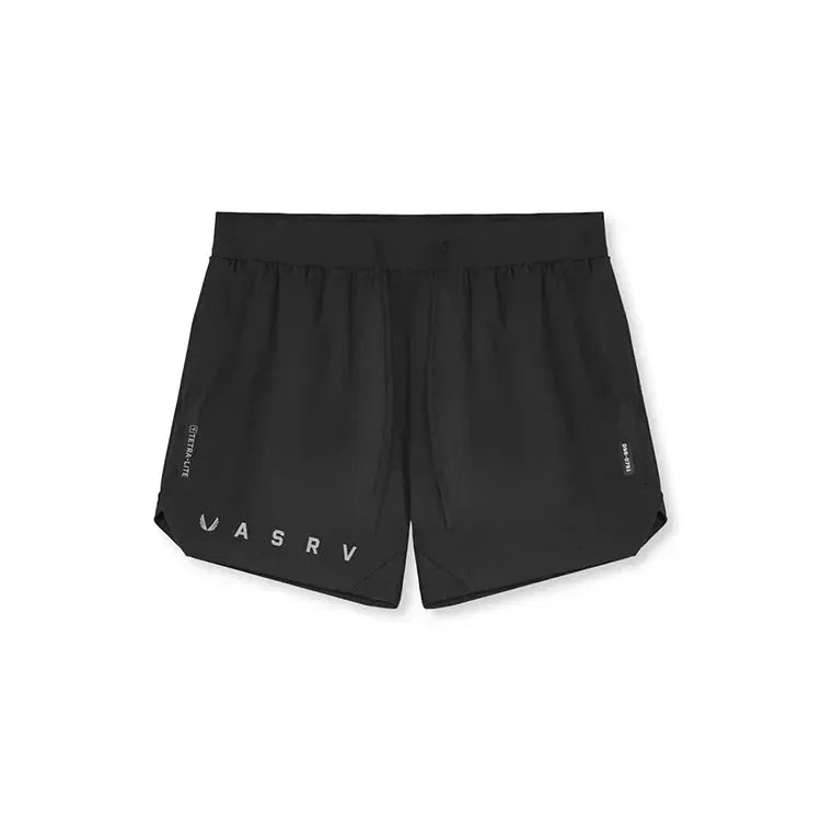 ASRV men's black quick-dry gym shorts with ASRV logo, ideal for running and training.