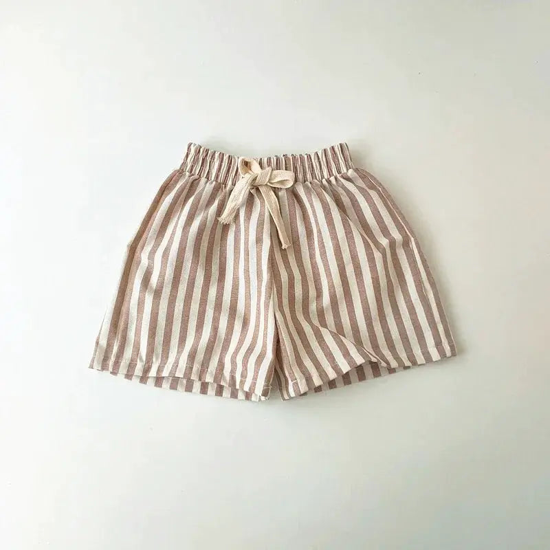 Spring Summer Kids Linen Cotton Striped Loose Pants Lace Up Vintage Casual Clothing For Boys And Girls