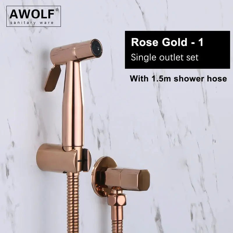 Handheld toilet bidet sprayer head, rose gold brushed stainless steel, AWOLF brand, 1.5m shower hose, single outlet