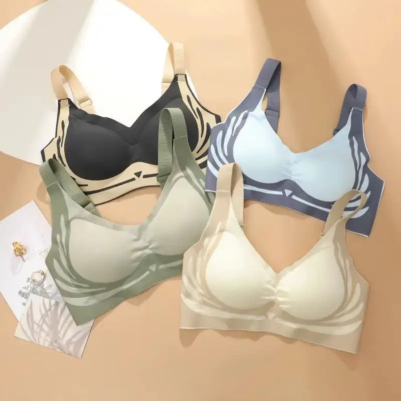 Push-up bras by Simples Market, seamless no-wire lingerie; set of 4 in black, sage green, blue, beige