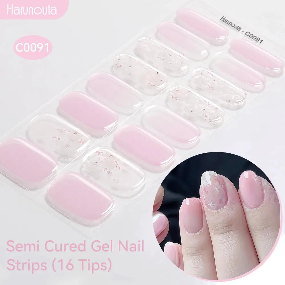 Harunouta gradient auroras semi-cured gel nail strips, 16 pink and clear floral tips