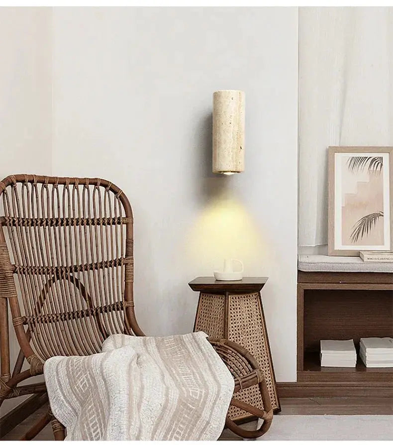 Wabi Sabi yellow marble wall lamp by Simples Market, LED travertine bedside wall sconce.