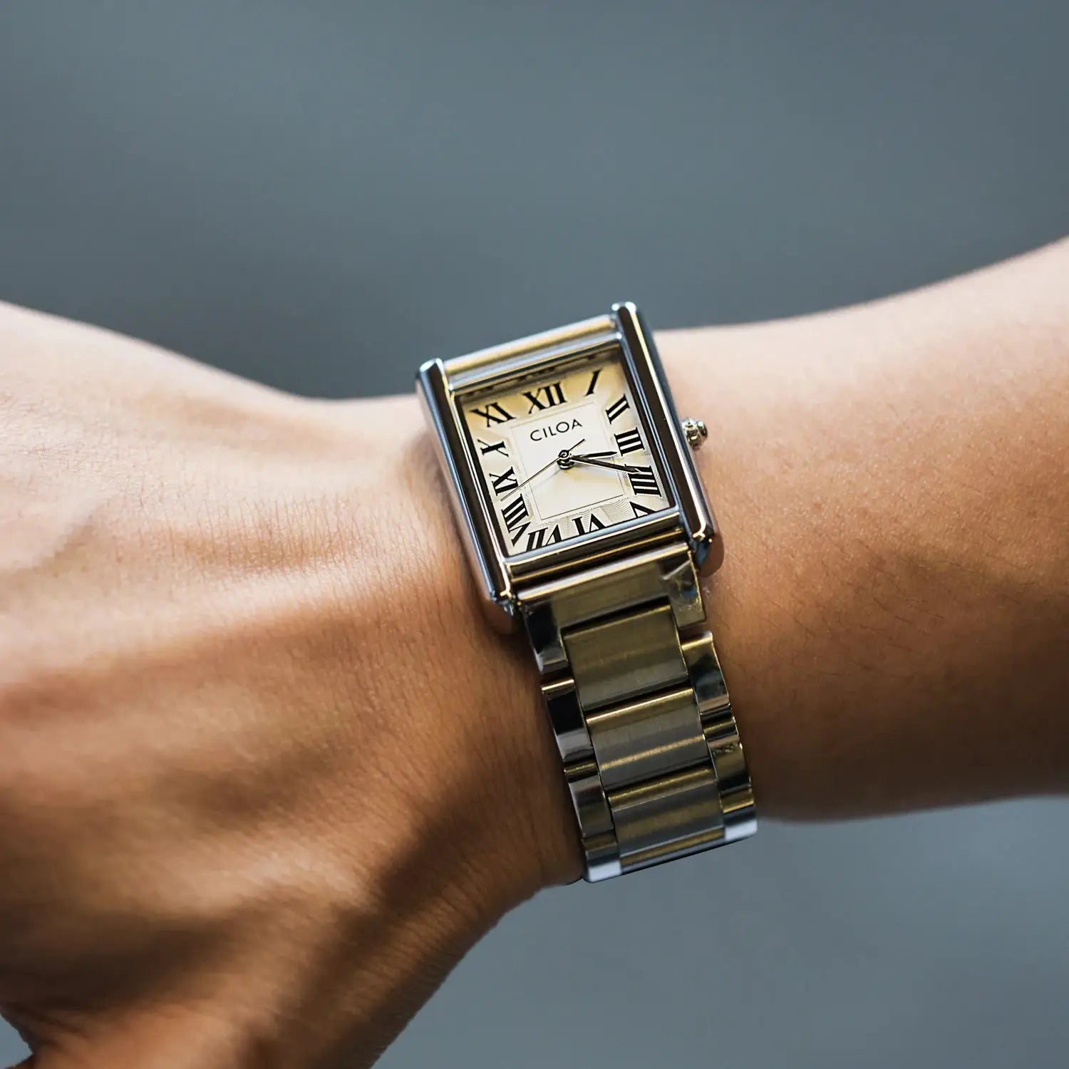 CILOA men's square watch with cream dial and silver metal bracelet