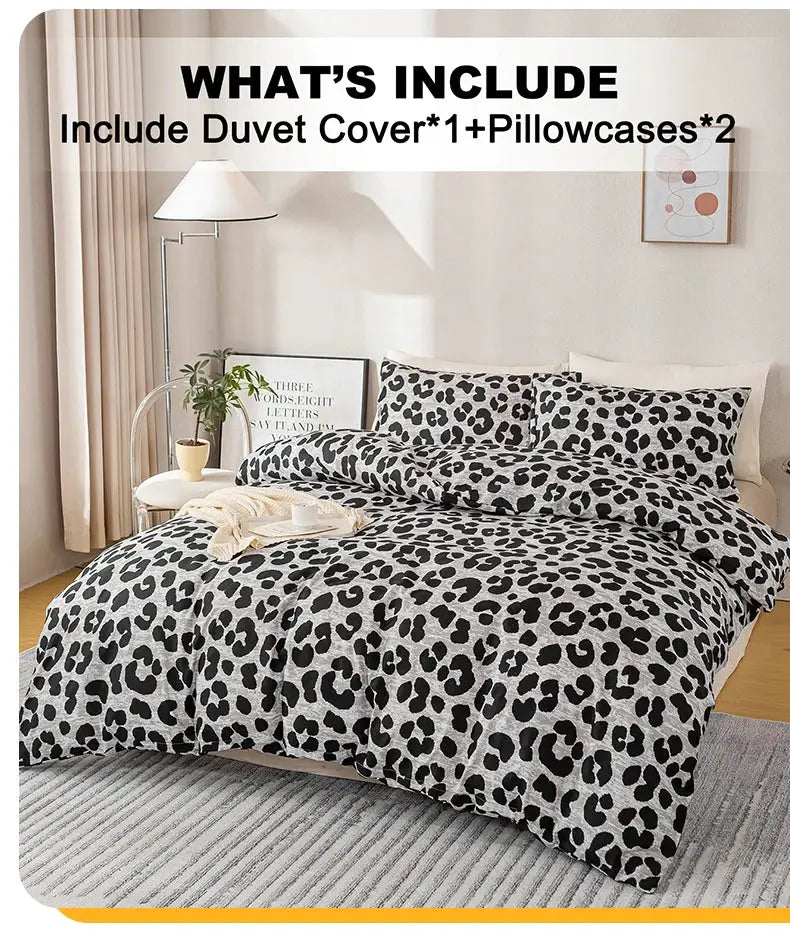 3pc leopard print duvet cover set by Simples Market; includes duvet cover + 2 pillowcases, soft skin-friendly bedding.