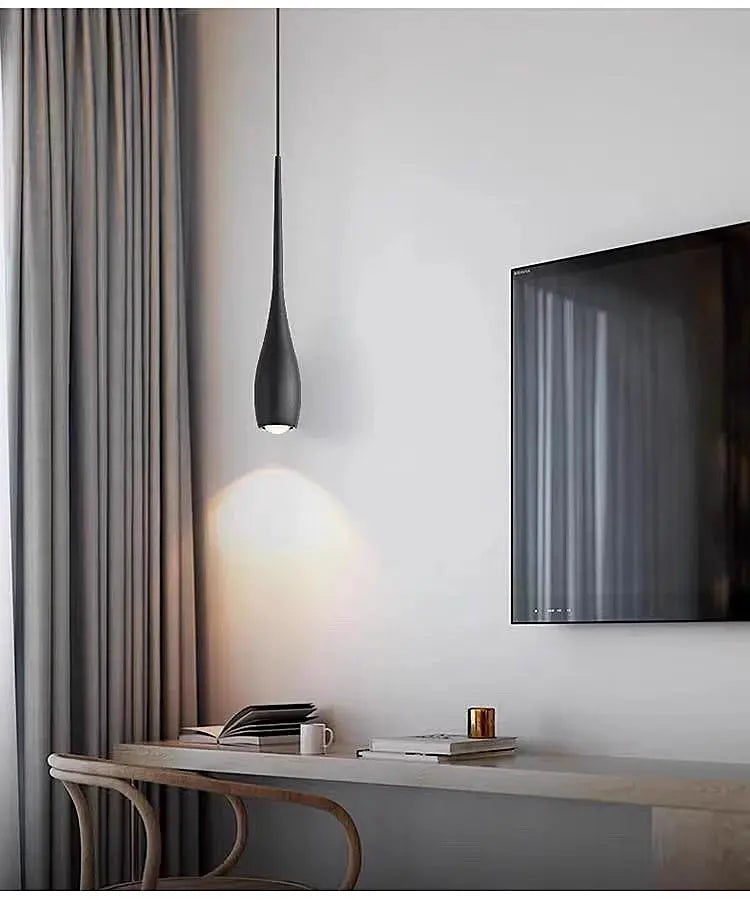 MARPOU LED pendant light by Simples Market; black minimalist 6W adjustable-height hanging lamp with touch switch