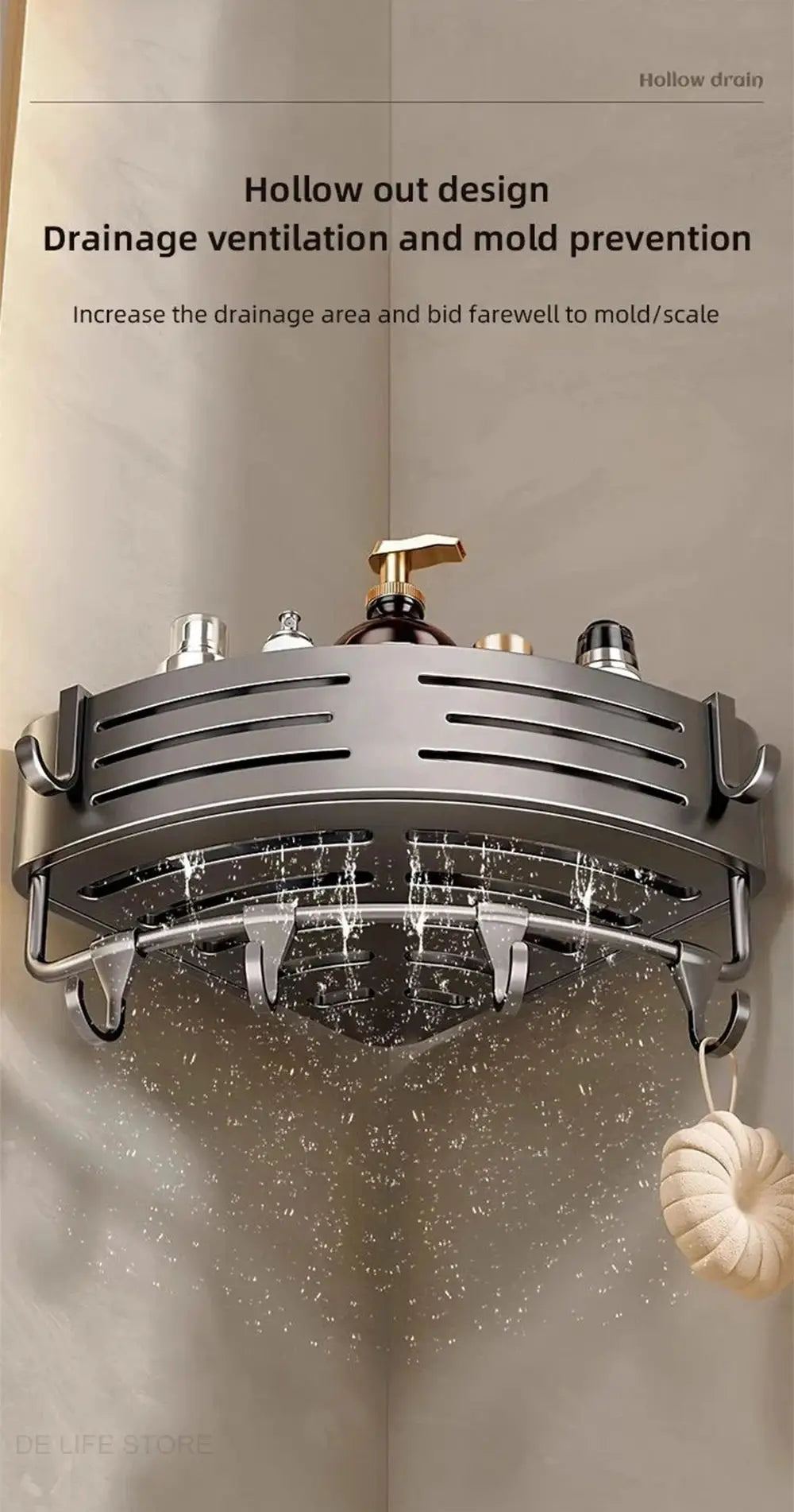 Bathroom corner shelf by Simples Market with plastic hooks and towel bar, aluminum shower organizer (1–2pcs)