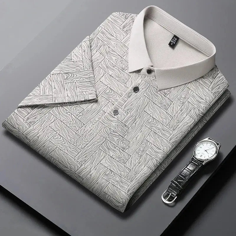 Simples Market polo shirt and wristwatch; grey geometric print polo with light collar, 2 items