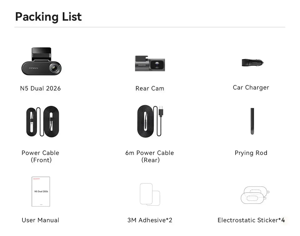 DDPAI N5 Dual 4K HDR Dash Cam packing list: N5 Dual 2026, rear cam, car charger, cables, prying rod, manual (9 items).