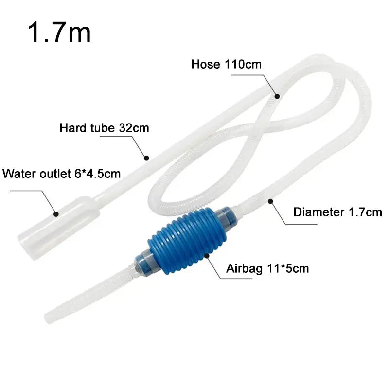 Aquarium siphon gravel vacuum cleaner with blue ribbed manual pump and white hoses, 1.7m length.
