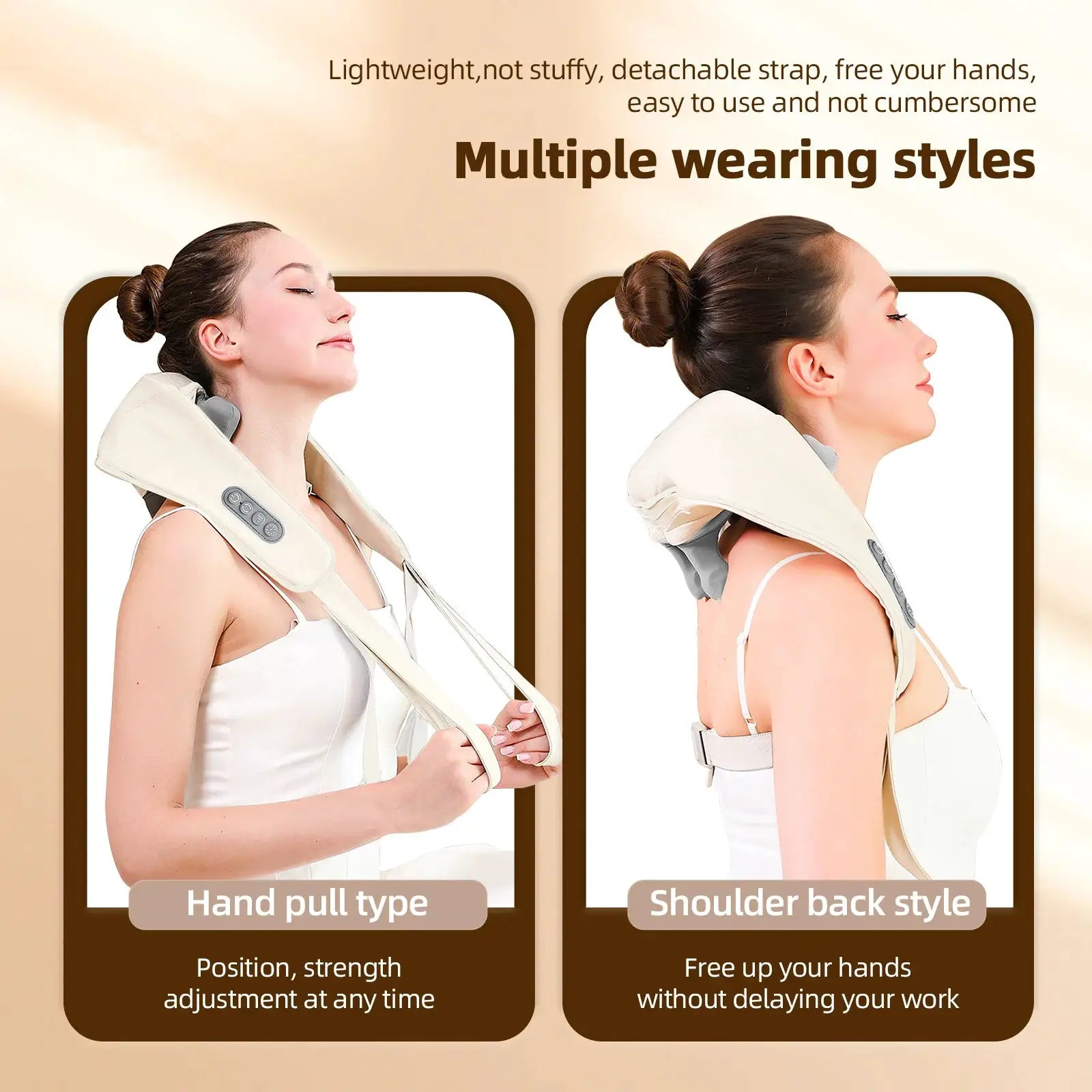 Foreverlily 26W brushless neck and shoulder massager, wireless shawl design in beige, 2 wearing styles