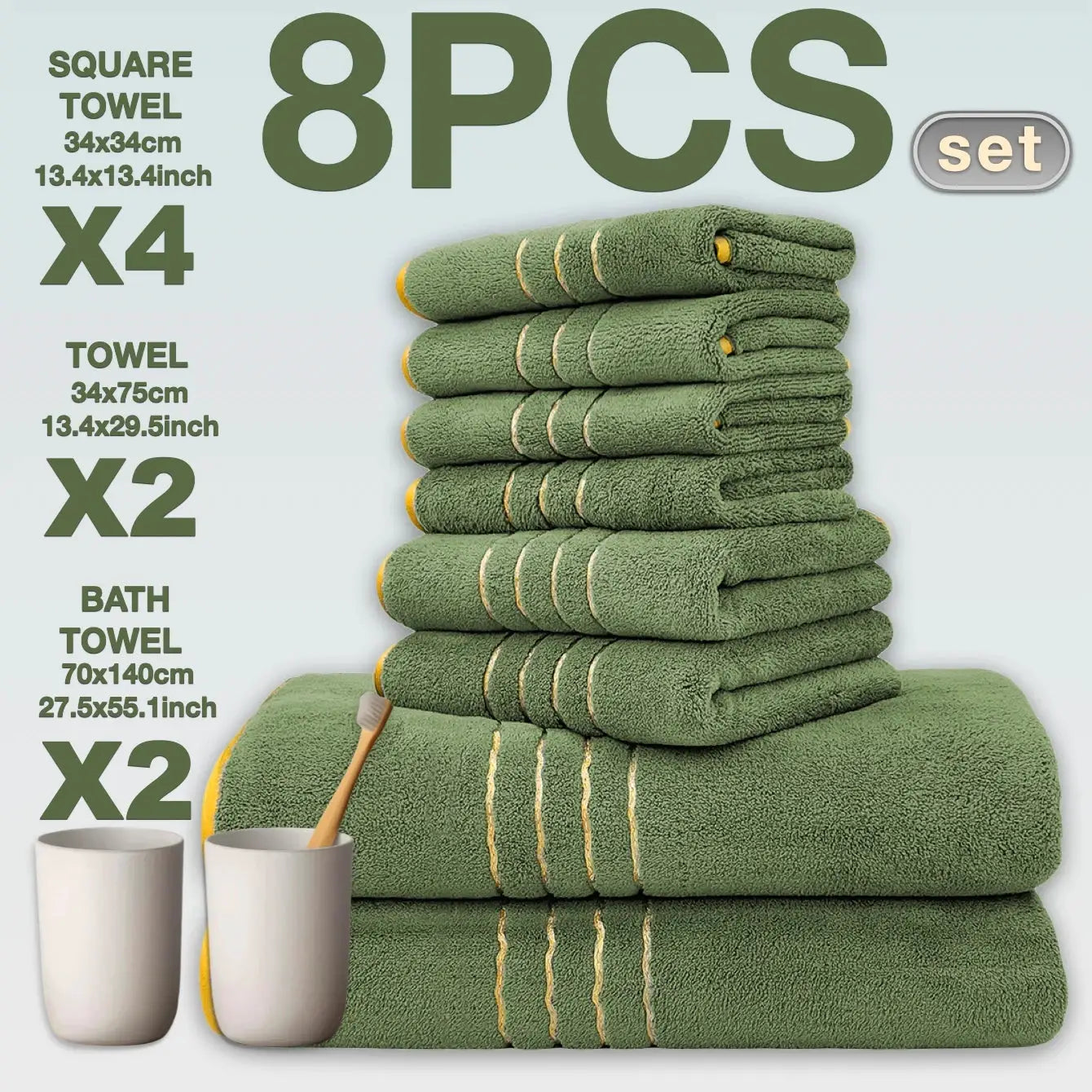 8pcs luxury hotel cotton towel set in green by Simples Market, includes bath, hand, and face towels, neatly stacked