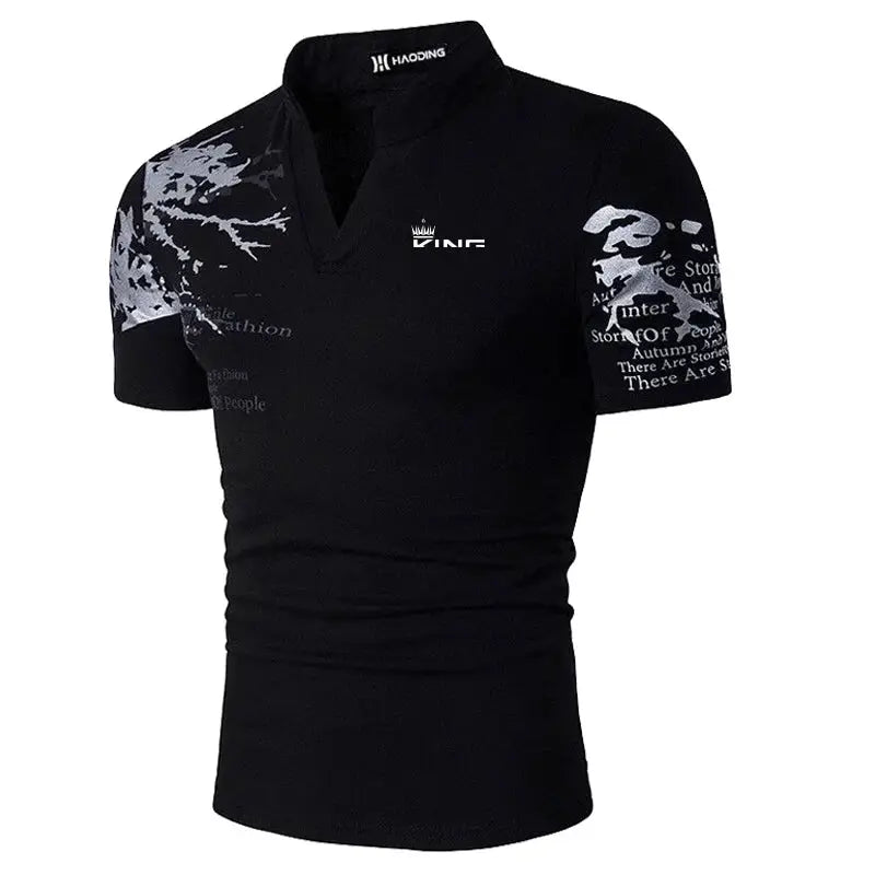 Men's black polo shirt with graphic prints, short sleeves, King logo on chest