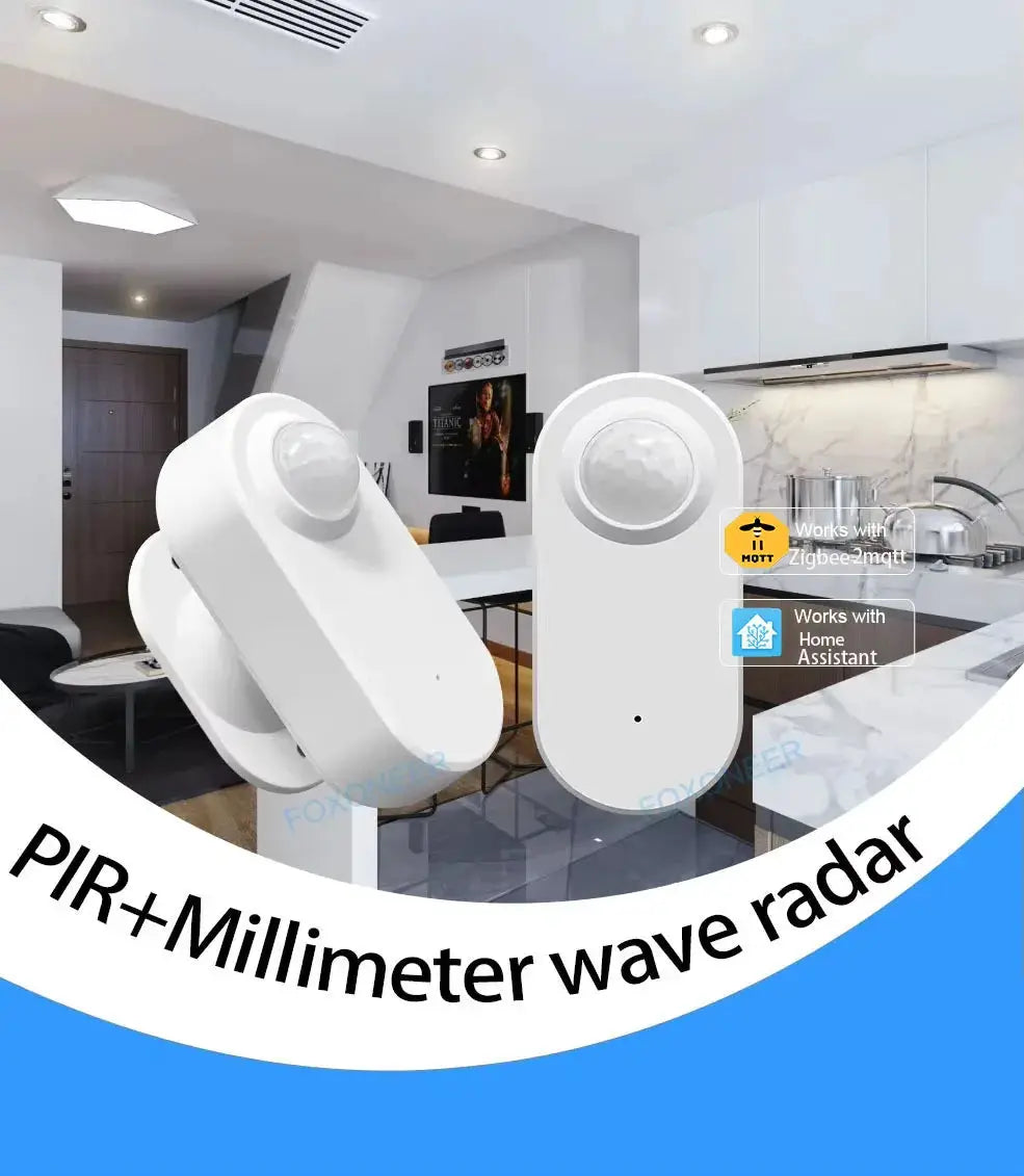Smart Zigbee human presence sensor with 24G mmWave radar + PIR, battery-powered white; two sensors