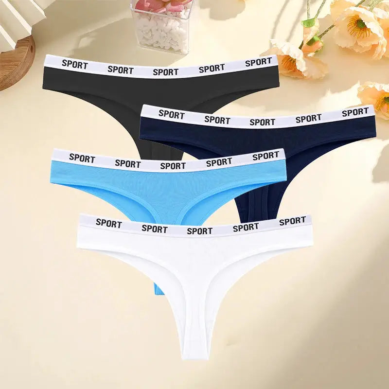 FINETOO 4-pack women's cotton thongs in black, navy, light blue, and white with SPORT waistband